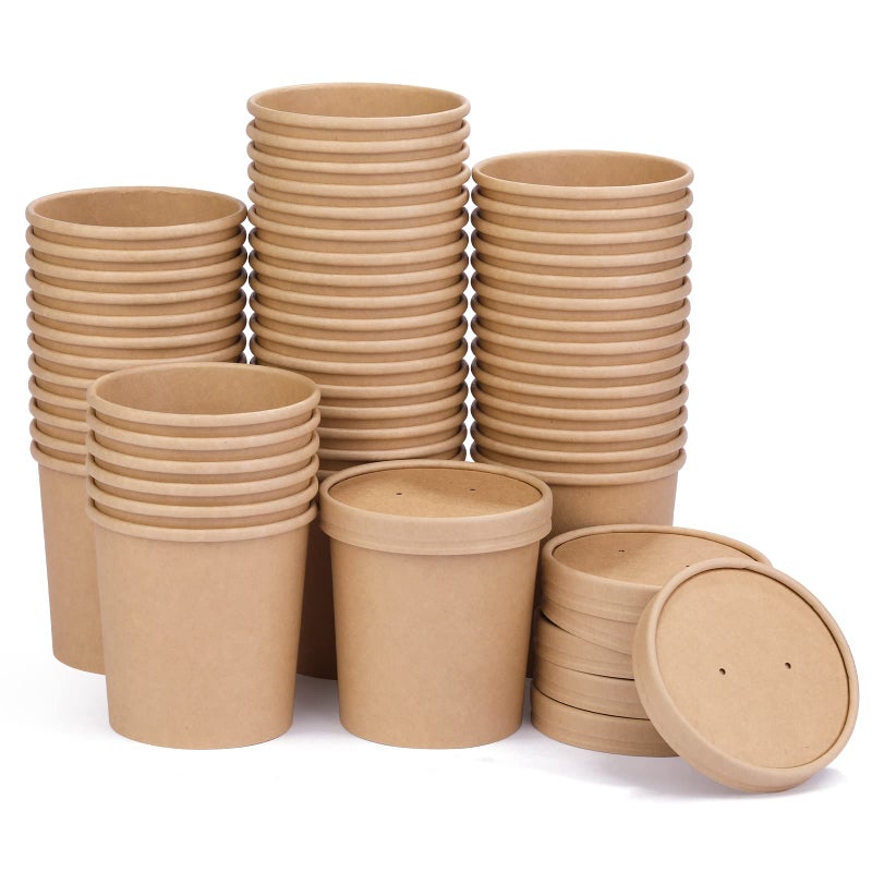 Wuadua 16 oz 50 Pack Pack Paper Soup Foods or Ice Cream Containers with Lids Disposable Paper Food Cups Soup Storage Ice Cream Cups Great For Restaurants or ToGo Lunch